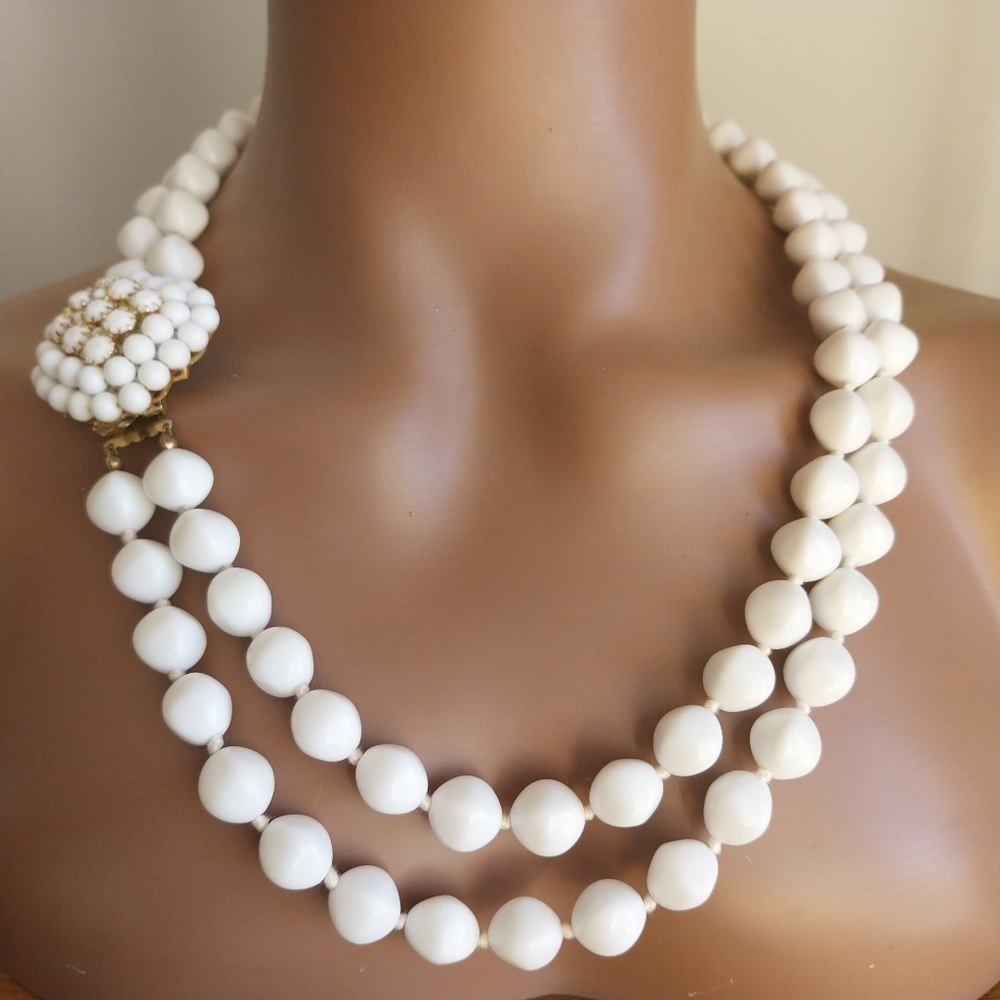 Vintage W.Germani White Beaded Necklace And Clips Set